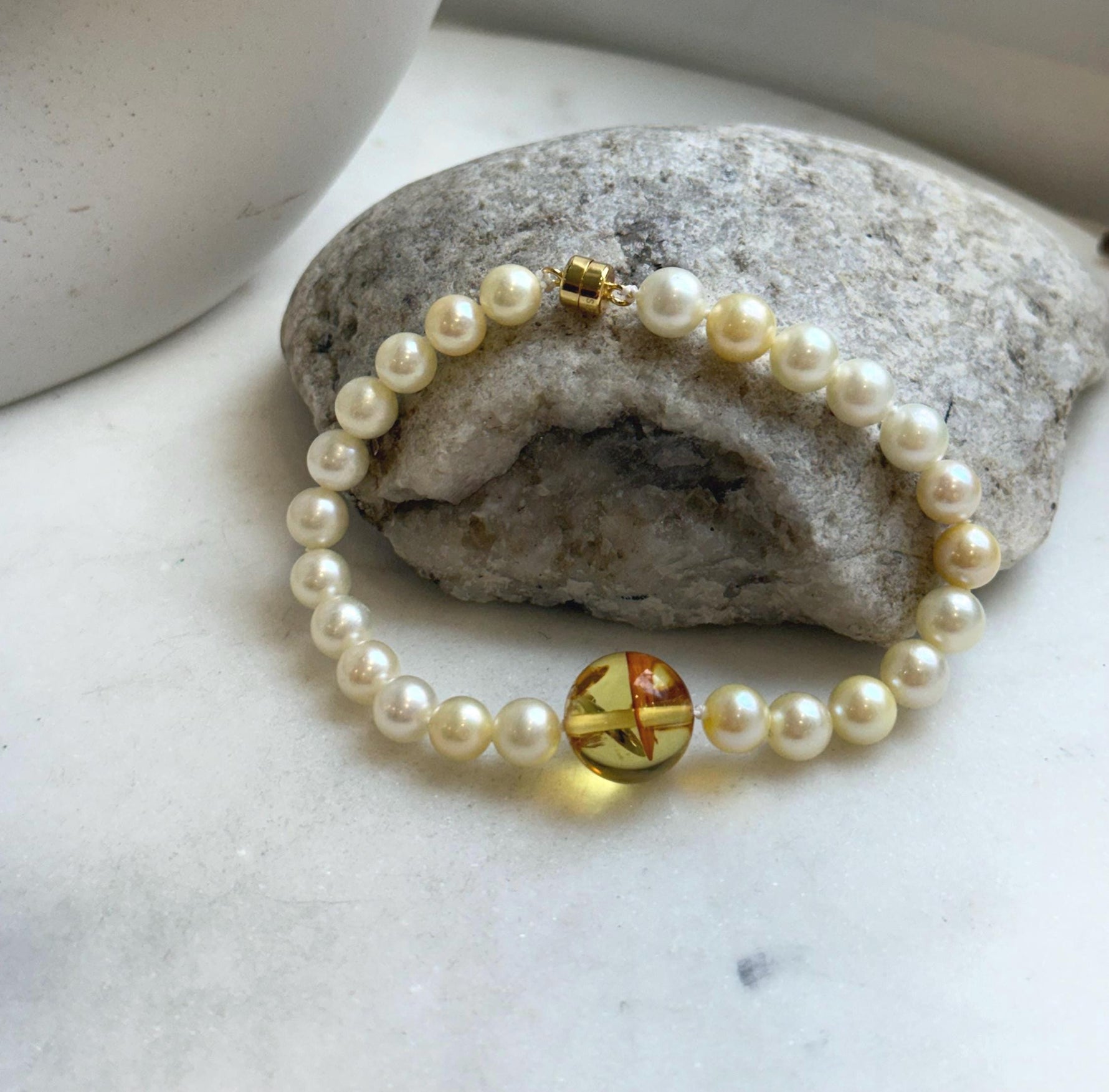 Elly’s 6.6-7mm Genius Akoya golden ocean Pearls Natural Amber Bracelet: Extreme luster mirrored, 7.6” knotted, S925 silver magnetic clips. gift for her