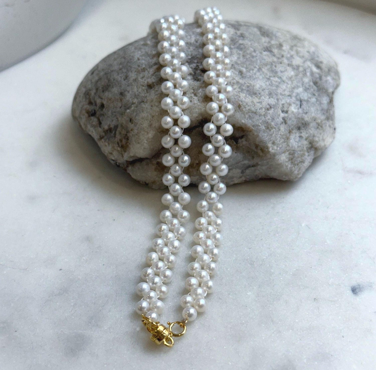 Elly’s 3-ply 4.2-4.4mm white pearls necklace: Extreme luster, Handmade, 16.7”, S925 silver magnetic clips necklace strand. gift for her weddings