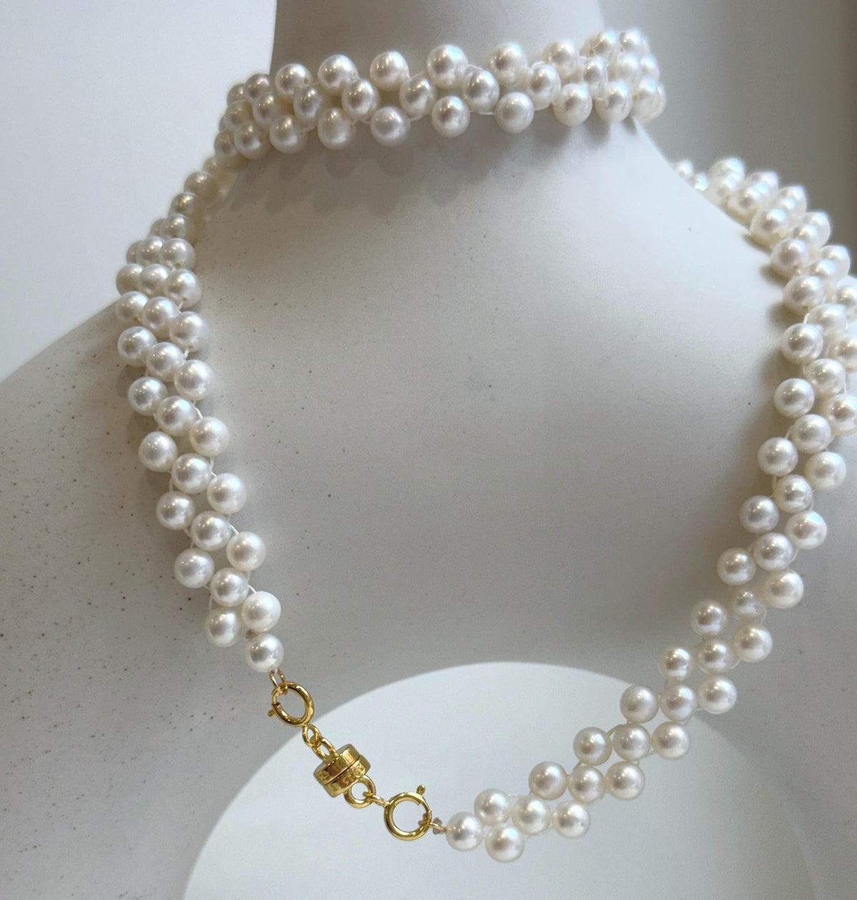 Elly’s 3-ply 4.2-4.4mm white pearls necklace: Extreme luster, Handmade, 16.7”, S925 silver magnetic clips necklace strand. gift for her weddings anniversary