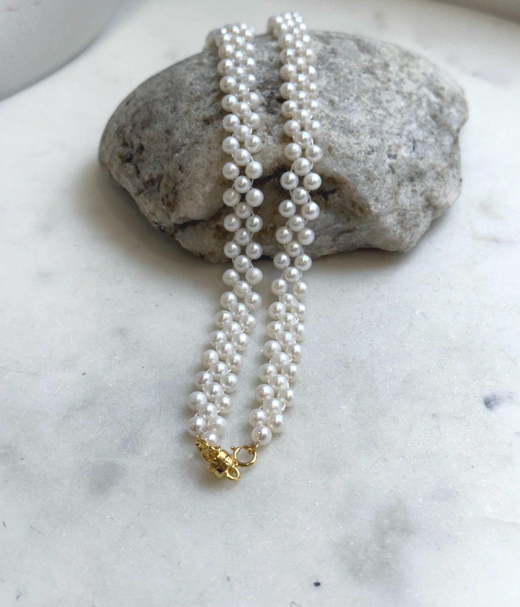 Elly’s 3-ply 4.2-4.4mm white pearls necklace: Extreme luster, Handmade, 16.7”, S925 silver magnetic clips necklace strand. gift for her Valentine’s Day