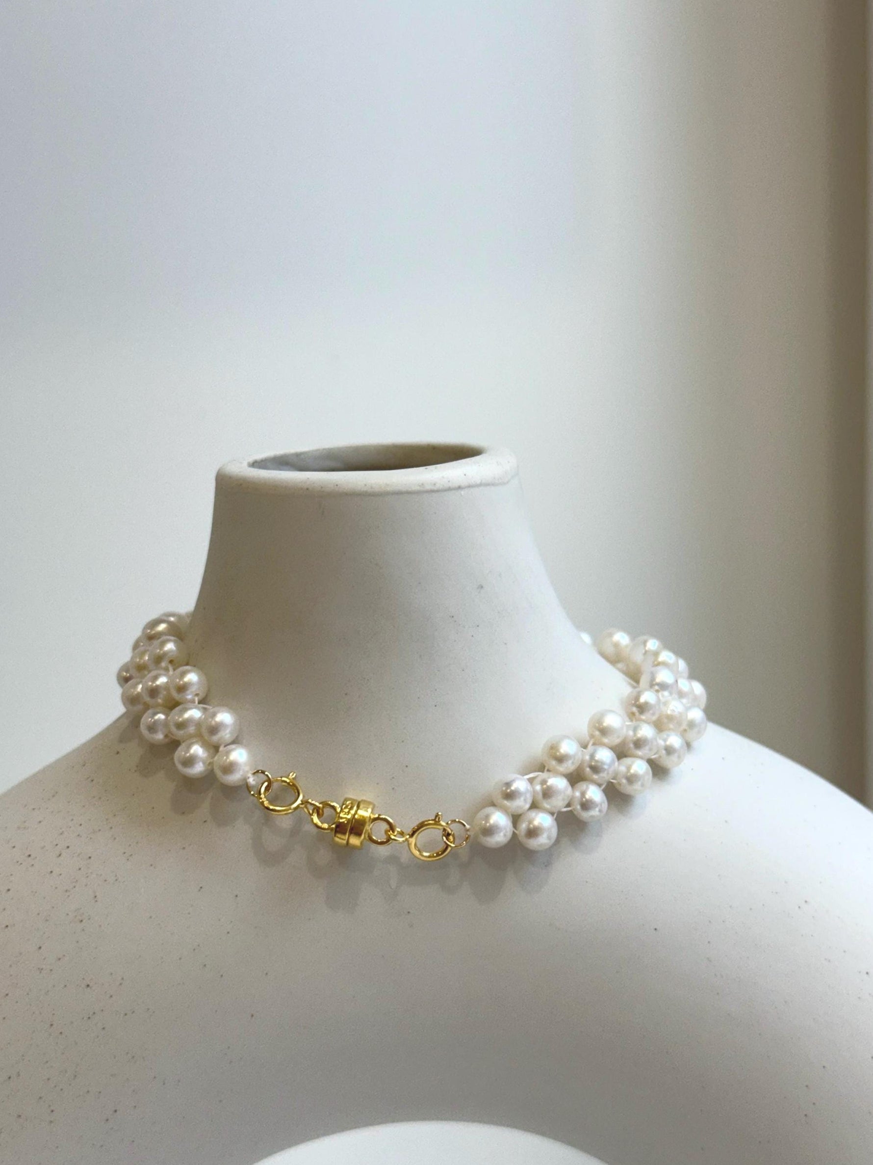 Elly’s 3-ply 4.5-4.7mm white pearls bracelet: Extreme luster, Handmade, 7.3”, S925 silver magnetic clips bracelet. gift for her