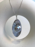 Elly’s 26.6x50mm silver iridescent  Australian Ocean Mabe Pendant : Extreme luster, S925 silver floral pendant, with chain. gift for her anniversary
