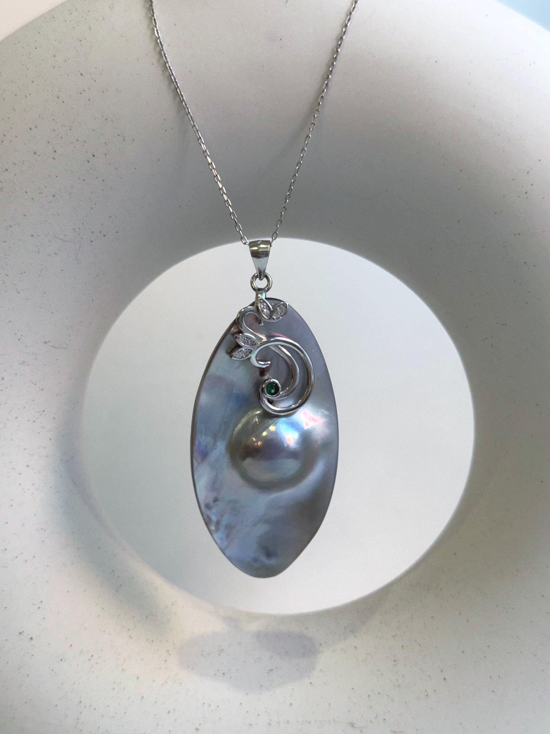 Elly’s 26.6x50mm silver iridescent  Australian Ocean Mabe Pendant : Extreme luster, S925 silver floral pendant, with chain. gift for her anniversary