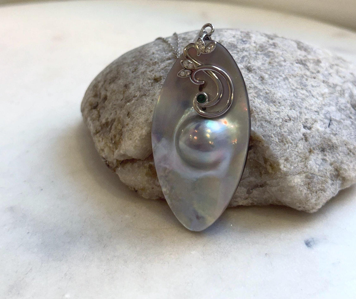 Elly’s 26.6x50mm silver iridescent  Australian Ocean Mabe Pendant : Extreme luster, S925 silver floral pendant, with chain. gift for her wedding