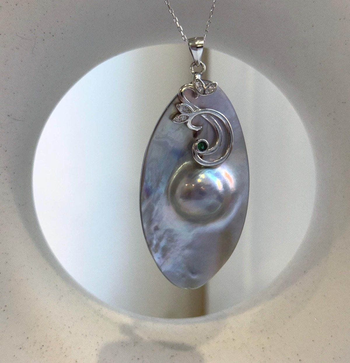 Elly’s 26.6x50mm silver iridescent  Australian Ocean Mabe Pendant : Extreme luster, S925 silver floral pendant, with chain. gift for her holiday