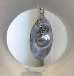 Elly’s 26.6x50mm silver iridescent  Australian Ocean Mabe Pendant : Extreme luster, S925 silver floral pendant, with chain. gift for her holiday