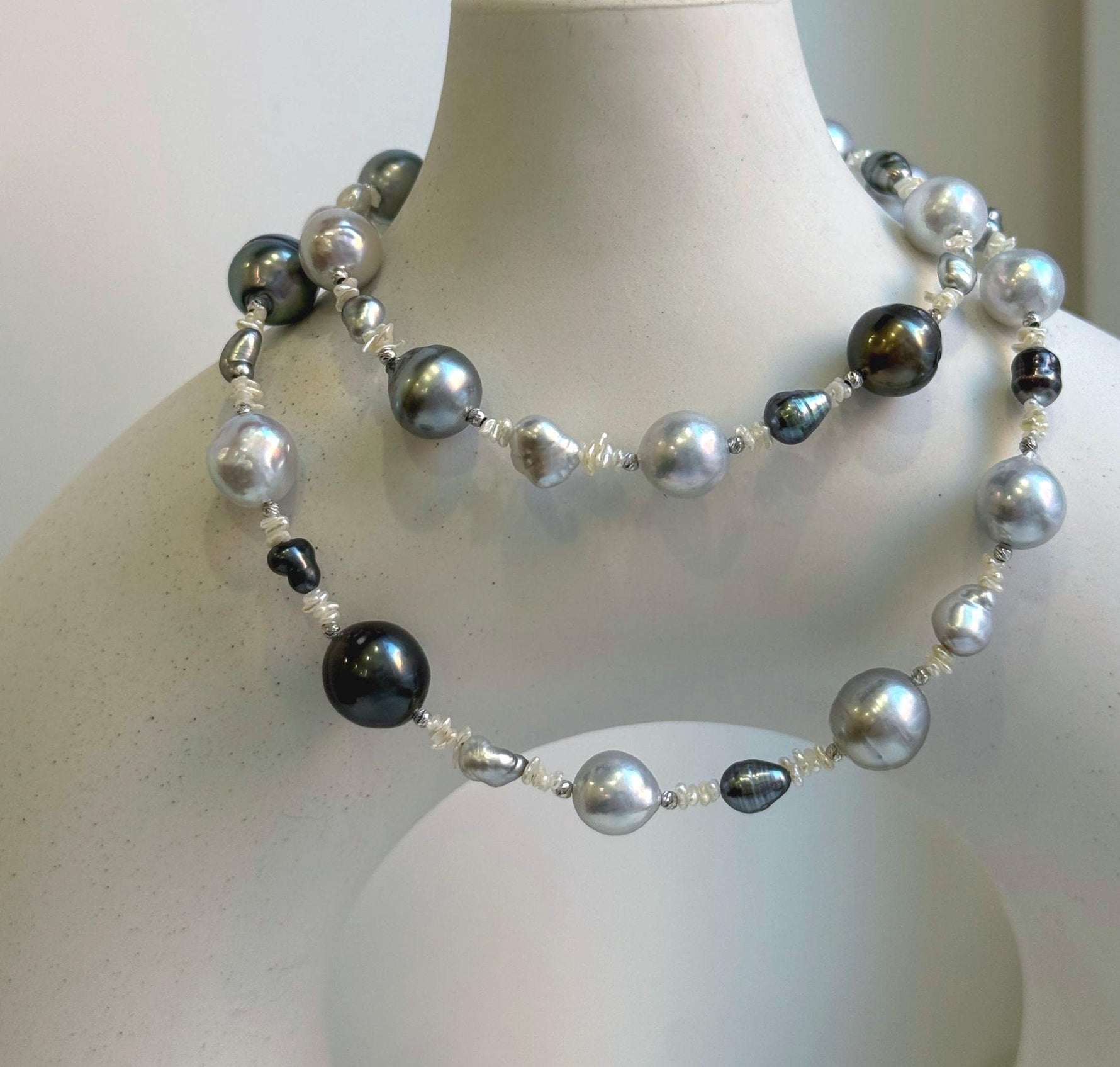 Elly’s Au750 18k White gold saltwater keshi pearls Necklace: Extreme luster, Tahitian Keshi Akoya Ocean pearls, 18.1”, 18k gold elegant unique pearls necklace. gift for her birthday