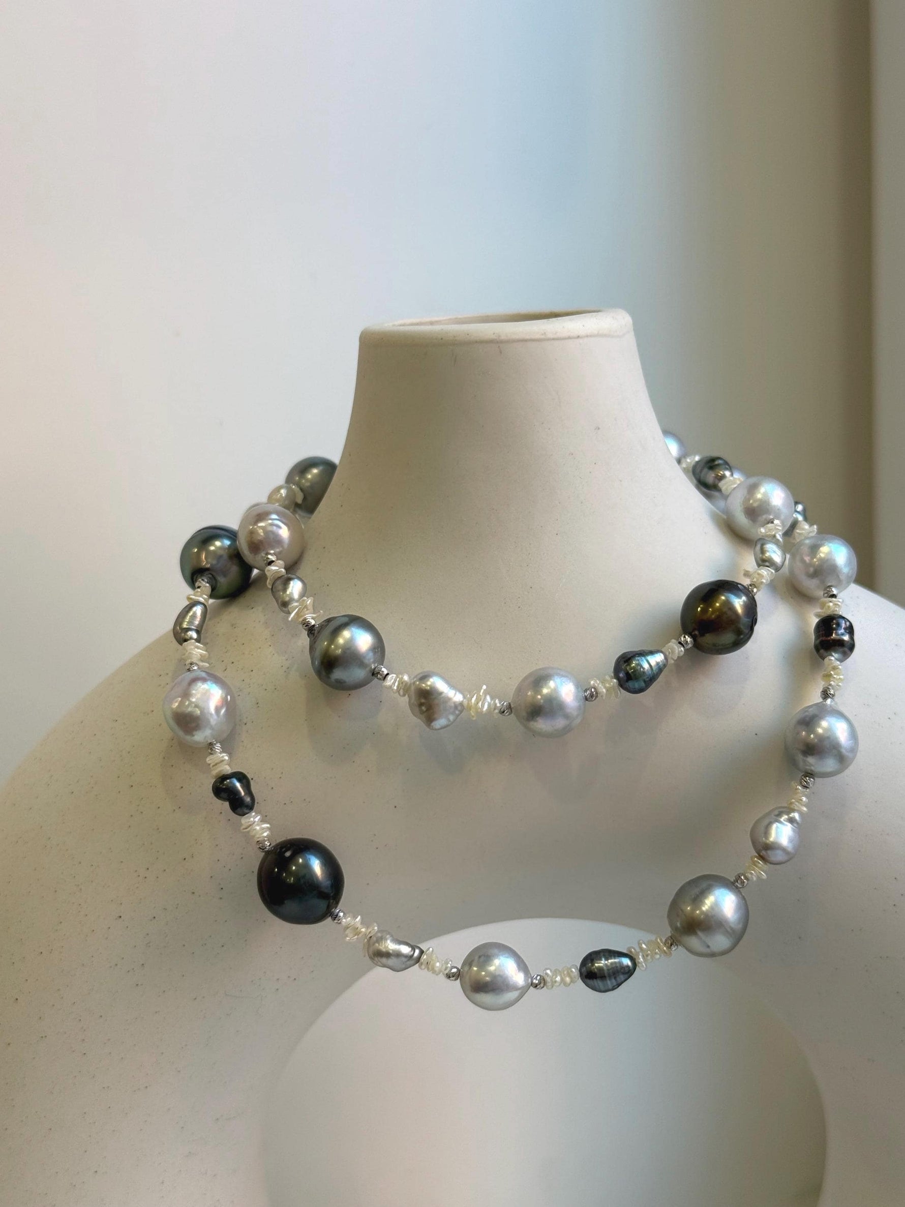 Elly’s Au750 18k White gold saltwater keshi pearls Necklace: Extreme luster, Tahitian Keshi Akoya Ocean pearls, 18.1”, 18k gold elegant unique pearls necklace. gift for her birthday Valentine’s Day