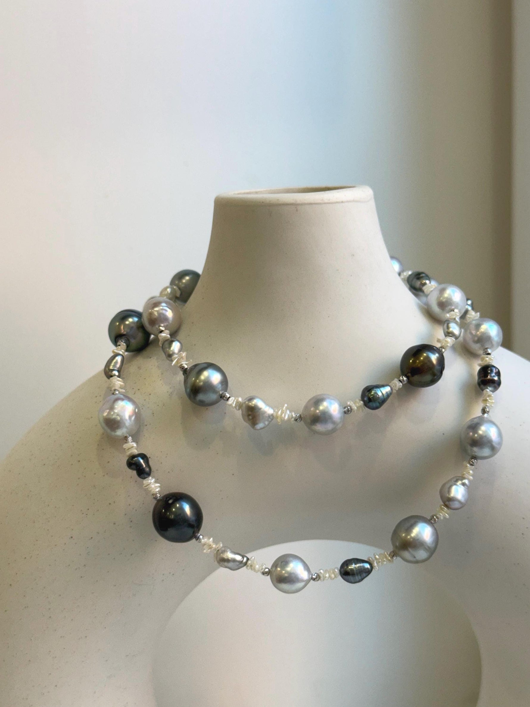 Elly’s Au750 18k White gold saltwater keshi pearls Necklace: Extreme luster, Tahitian Keshi Akoya Ocean pearls, 18.1”, 18k gold elegant unique pearls necklace. gift for her retirement