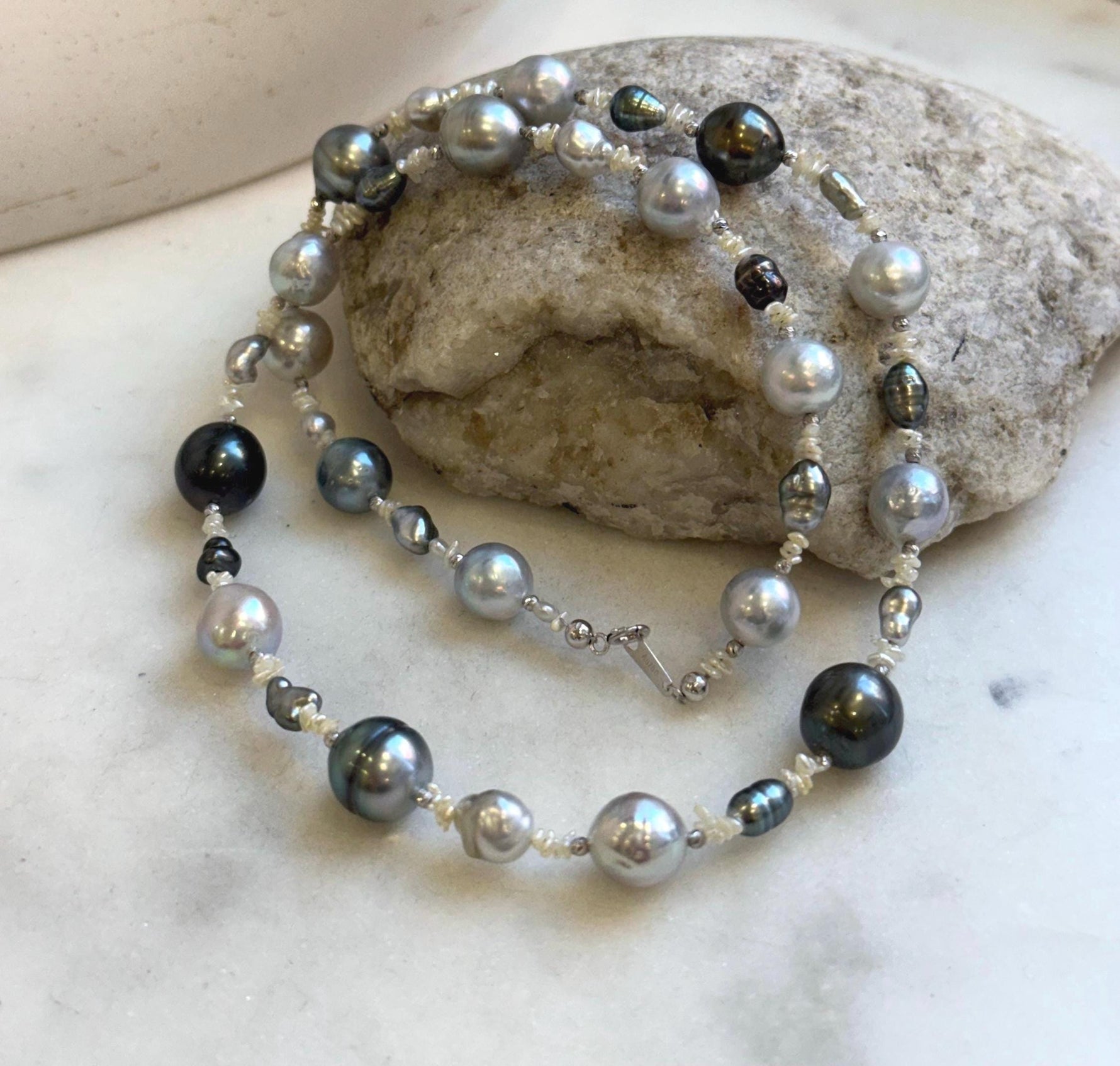 Elly’s Au750 18k White gold saltwater keshi pearls Necklace: Extreme luster, Tahitian Keshi Akoya Ocean pearls, 18.1”, 18k gold elegant unique pearls necklace. gift for her birthday