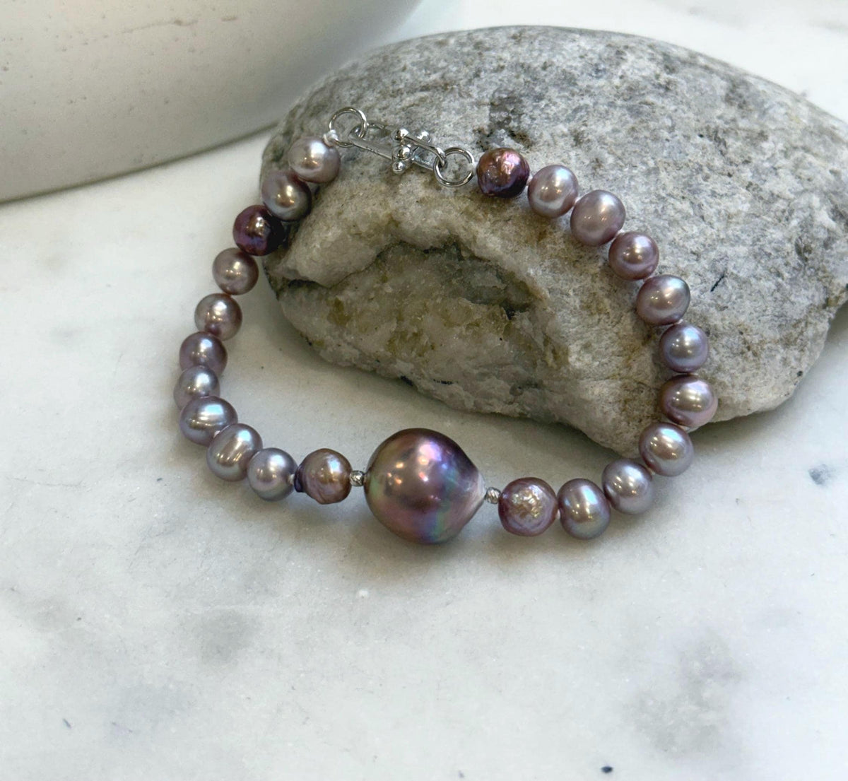 Elly’s 6.4-13.8mm lavender purple pearls Bracelet: Extreme luster mirrored, 8” knotted, S925 silver Braclet. Pearl jewelry idea. Gift for her