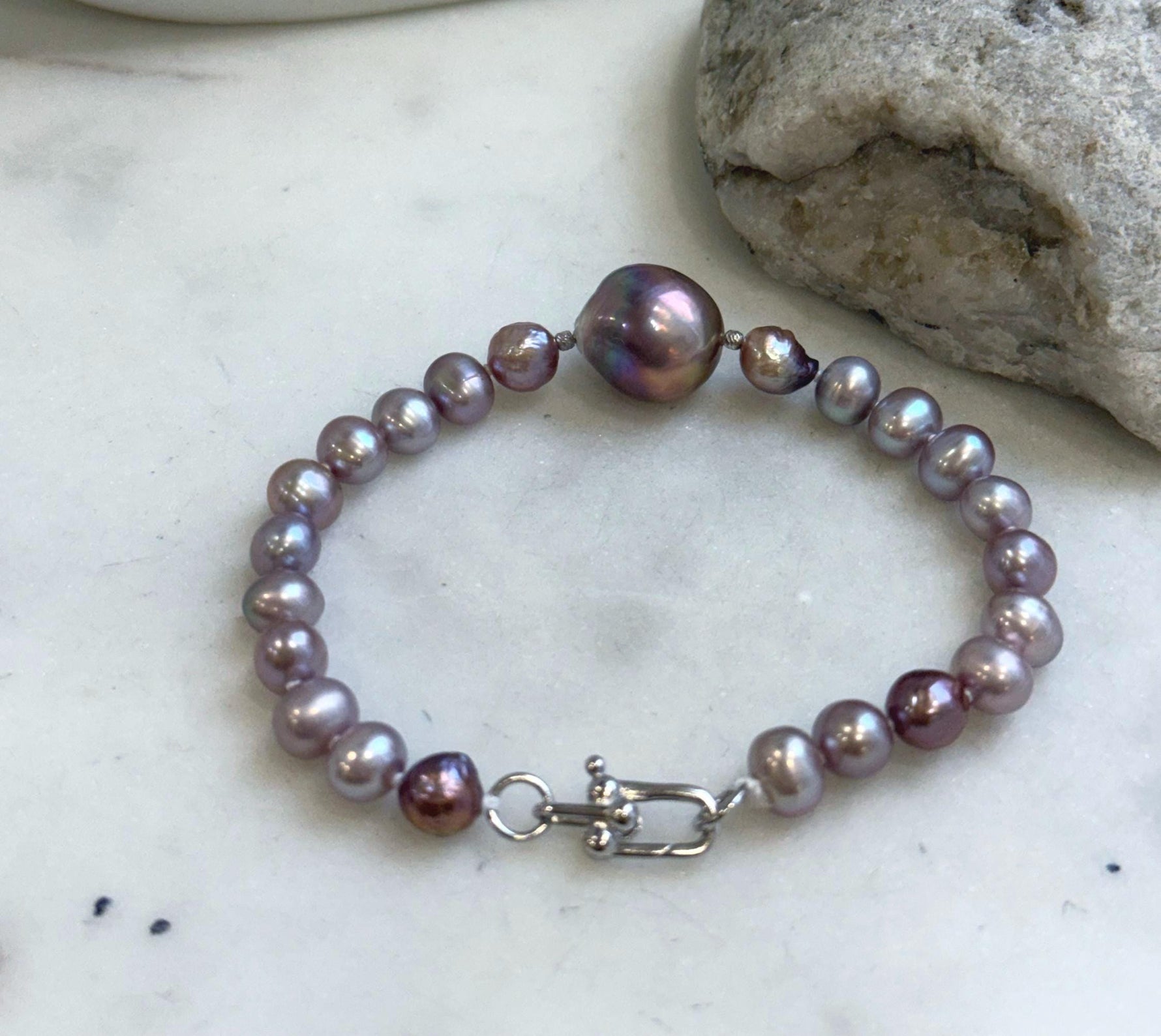 Elly’s 6.4-13.8mm lavender purple pearls Bracelet: Extreme luster mirrored, 8” knotted, S925 silver Braclet. Pearl jewelry idea. Gift for her anniversary