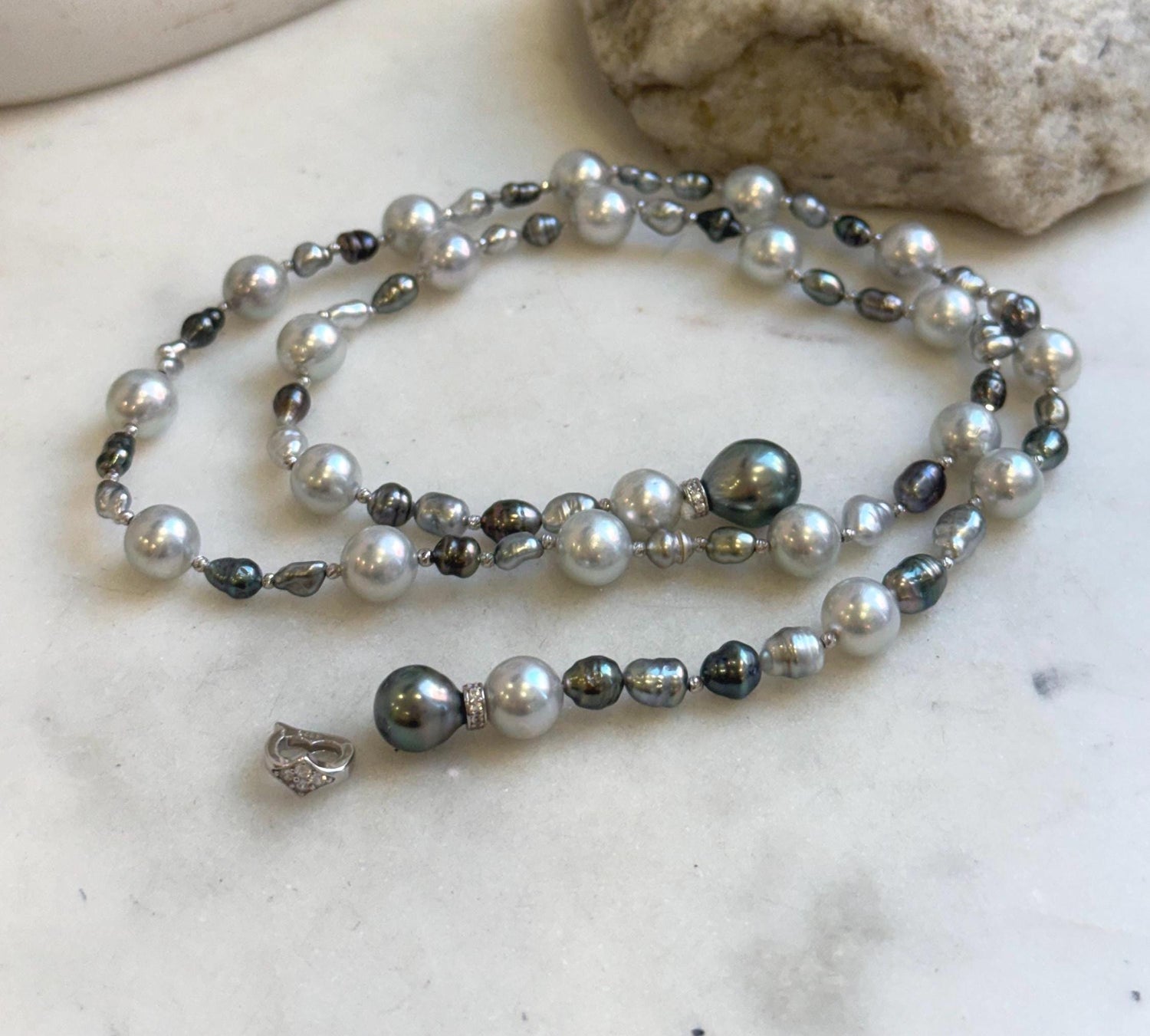 Elly’s Au750 18k White gold saltwater keshi pearls Necklace: Extreme luster, Tahitian Keshi Akoya Ocean pearls, 22.4”, 18k gold necklace. gift for her anniversary