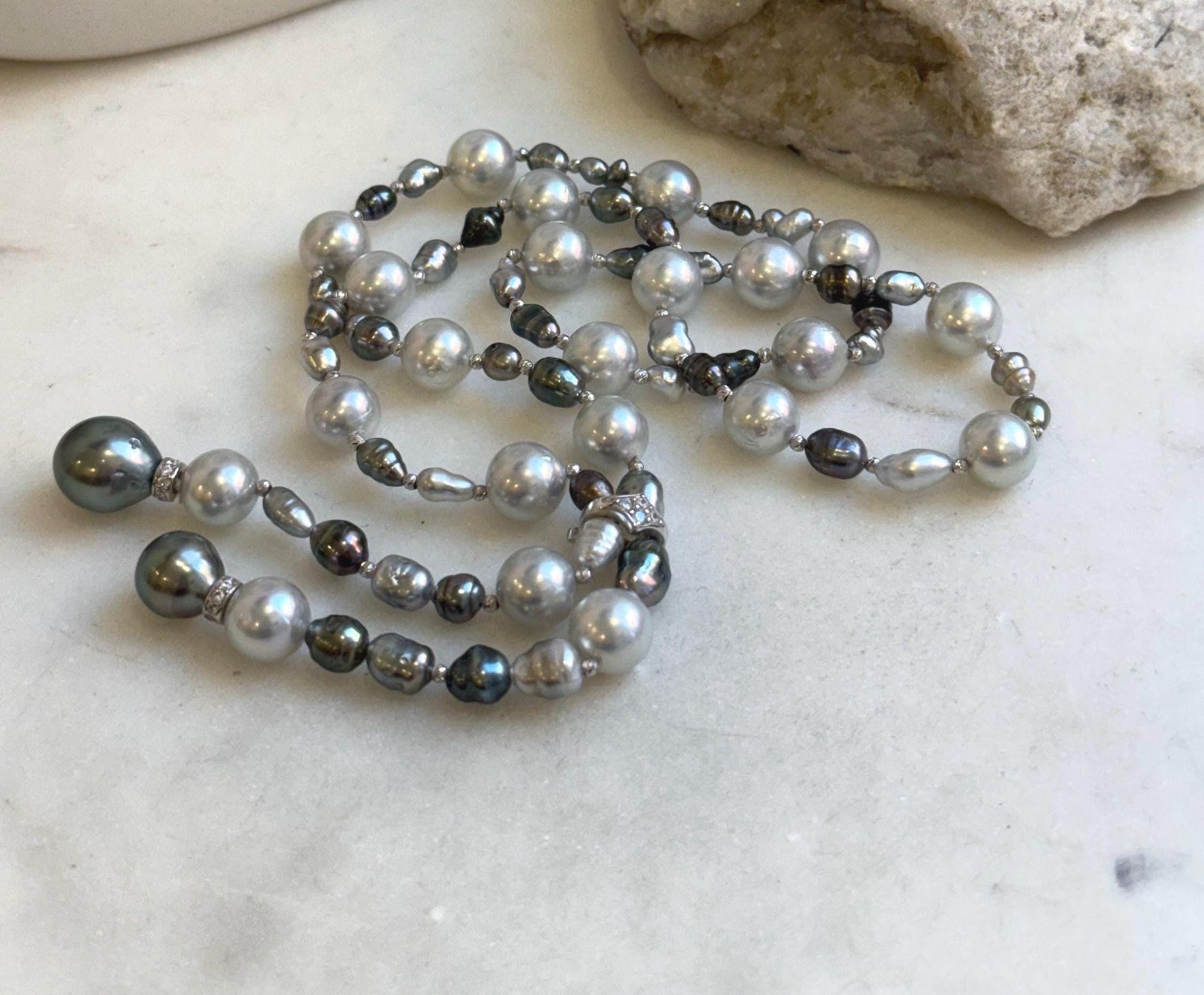 Elly’s Au750 18k White gold saltwater keshi pearls Necklace: Extreme luster, Tahitian Keshi Akoya Ocean pearls, 22.4”, 18k gold necklace.