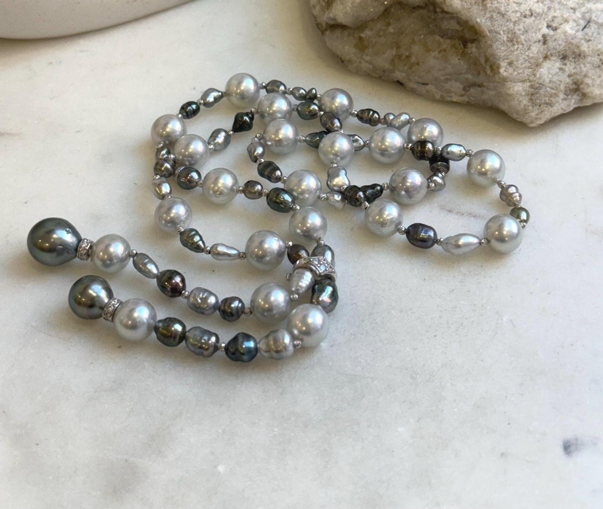 Elly’s Au750 18k White gold saltwater keshi pearls Necklace: Extreme luster, Tahitian Keshi Akoya Ocean pearls, 22.4”, 18k gold necklace. gift for her holiday