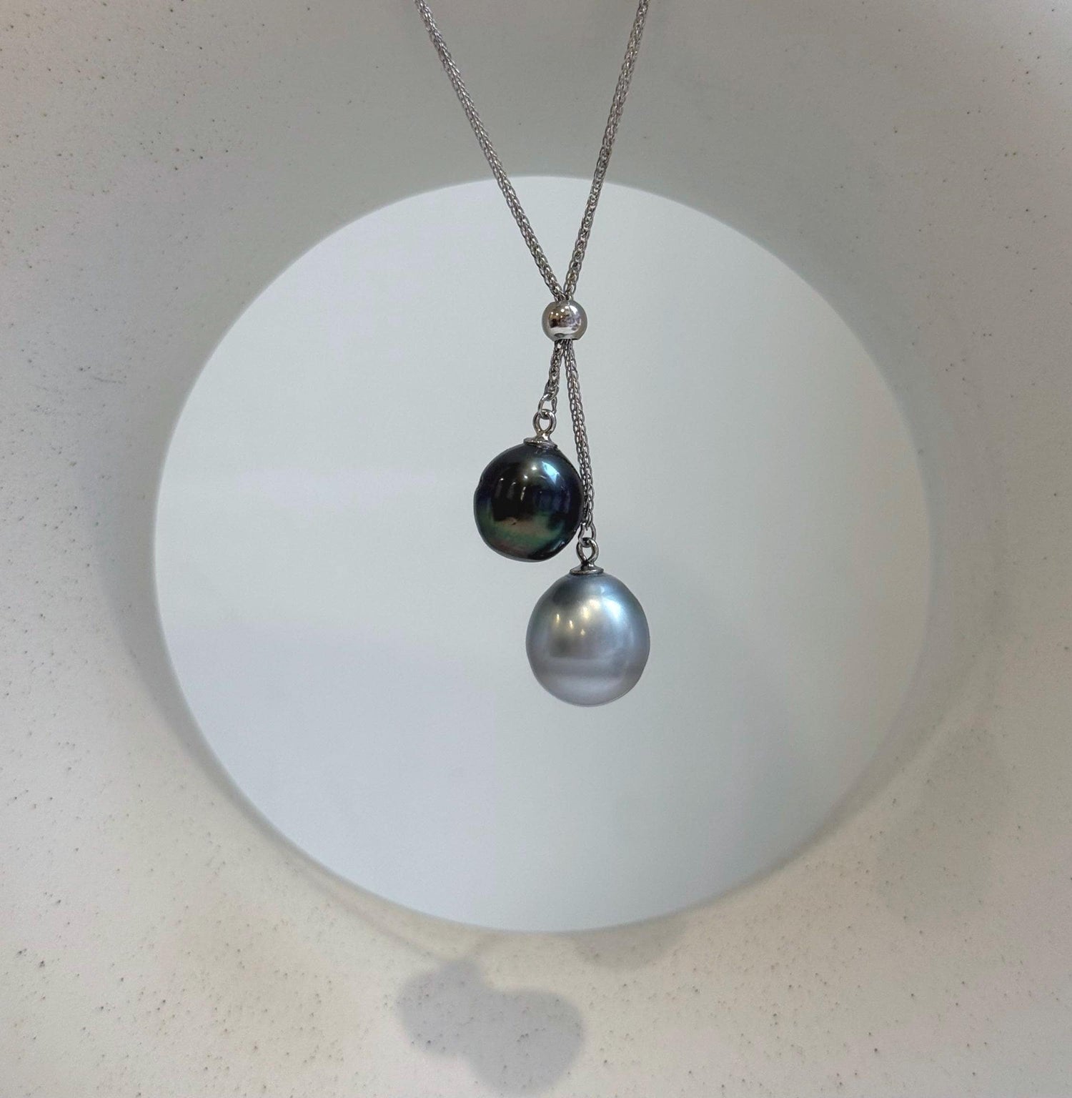 Elly’s 9.9-11.1mm Double Tahitian platinum peacock green ocean pearls Necklace: extreme luster mirrored, S925 silver chain set.