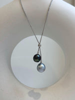 Elly’s 9.9-11.1mm Double Tahitian platinum peacock green ocean pearls Necklace: extreme luster mirrored, S925 silver chain set.