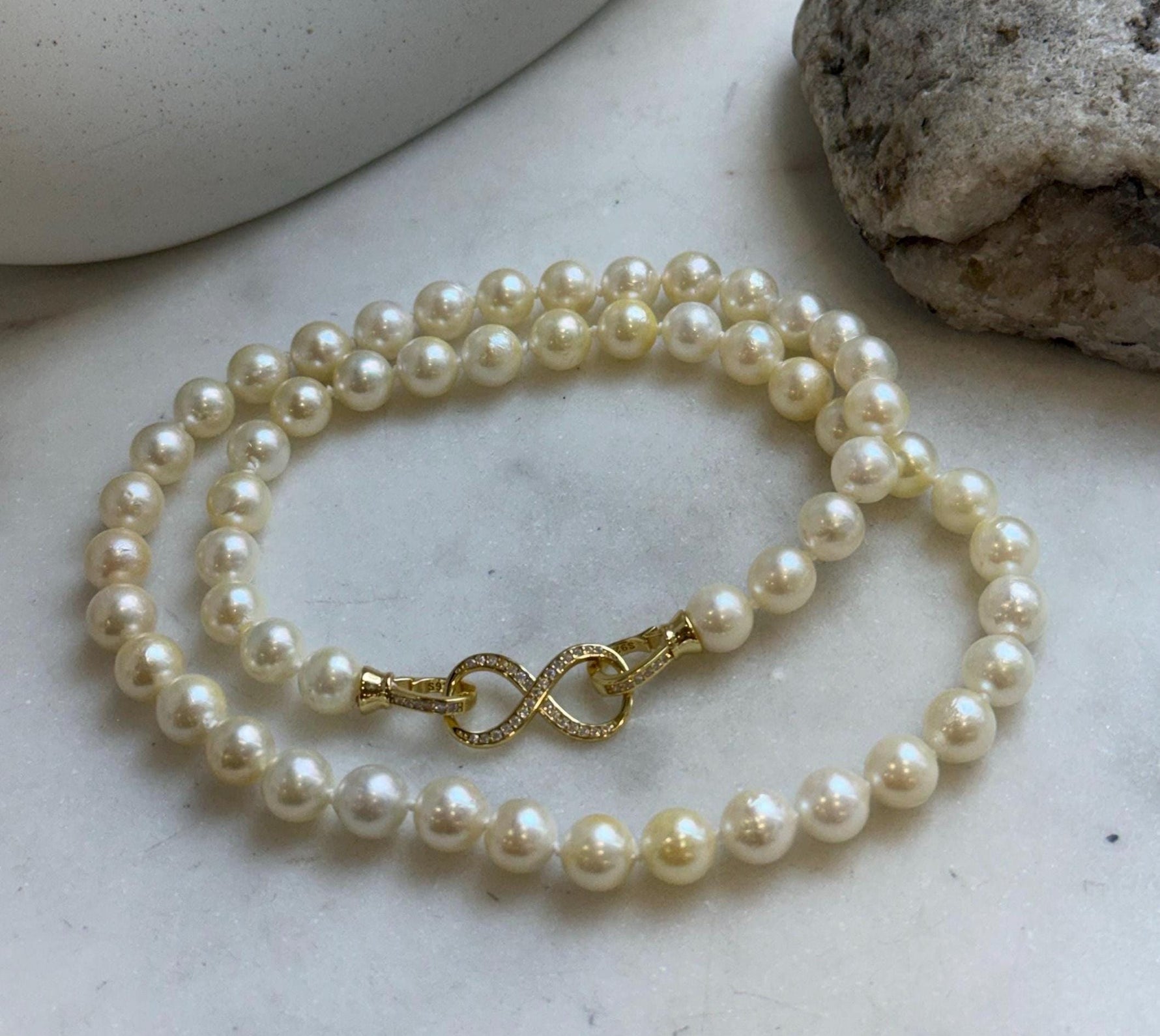 Elly’s 6.8-7.3mm 61pcs Akoya ivory gold ocean pearls necklace:Extreme luster mirrored, knotted, 18.6”, S925 silver necklace strand. gift for her Valentine’s Day