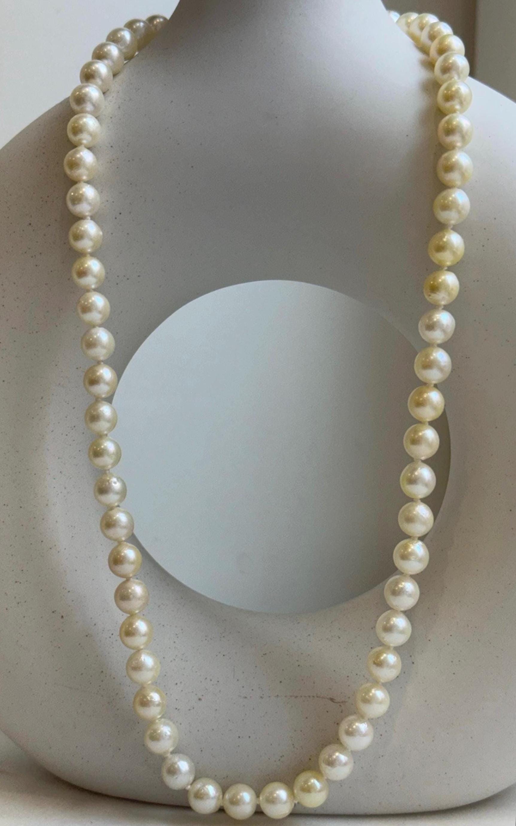 Elly’s 6.8-7.3mm 61pcs Akoya ivory gold ocean pearls necklace:Extreme luster mirrored, knotted, 18.6”, S925 silver necklace strand. gift for her Valentine’s Day