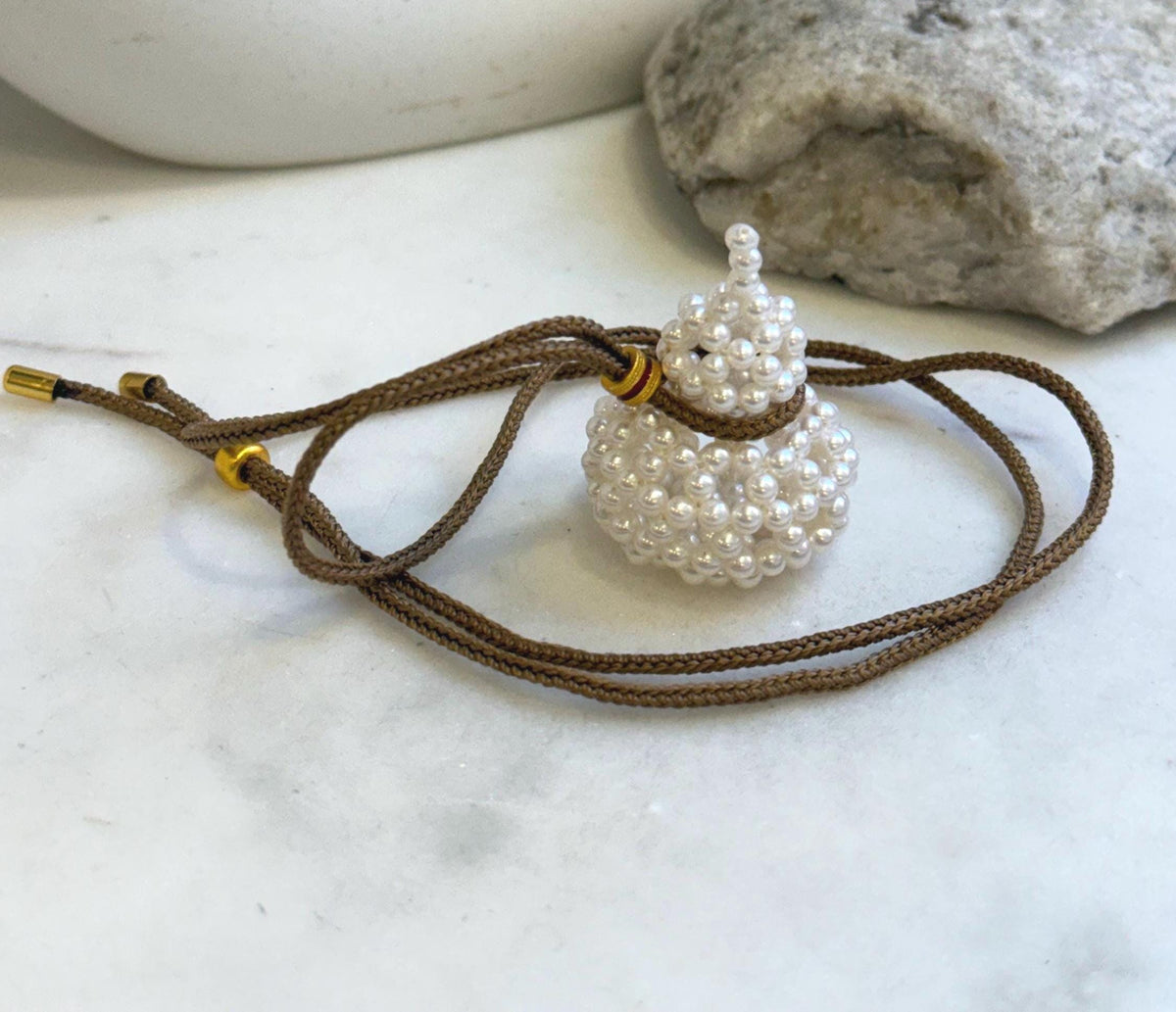 Elly’s white Pearls Gourd pendant: 3-3.5mm, Extreme luster mirrored, 3cm dia x 4cm high, thread Necklace set. gift for Chinese new year