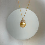 Elly’s South sea deep golden ocean pearl pendant: 12.7mm, Extreme luster mirrored, 2cm high, s925 silver vintage pendant. gift for her