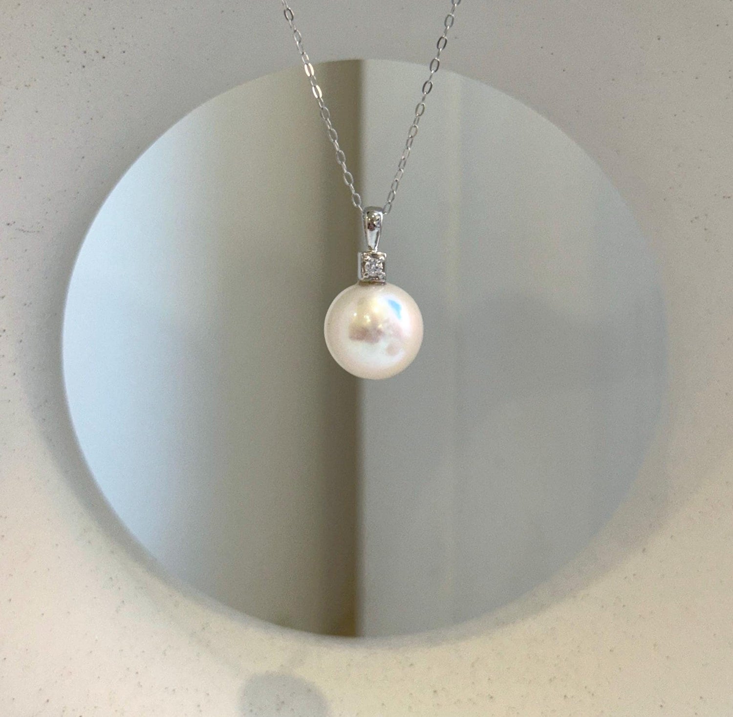 Elly’s 11.3mm White Edison Pearl pendant: Extreme luster mirrored, 2cm, S925 silver minimalist pendant chain set. gift for her