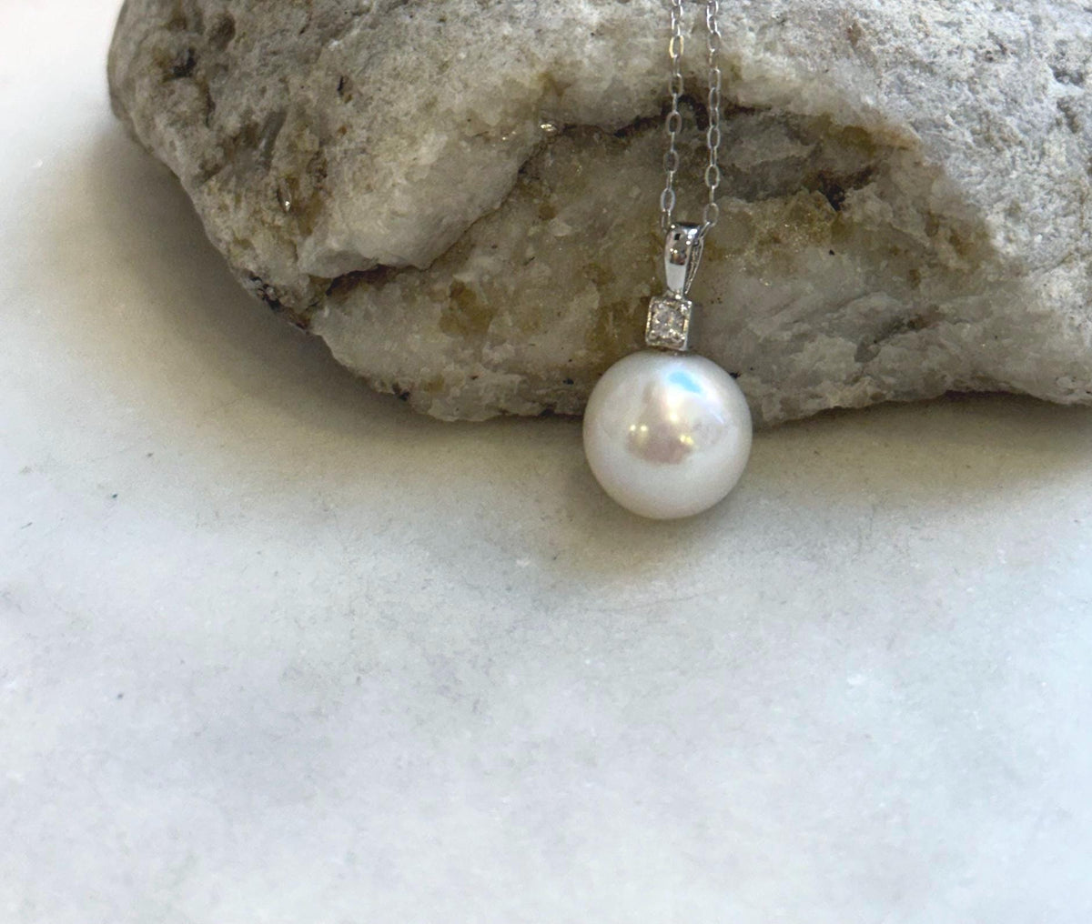 Elly’s 11.3mm White Edison Pearl pendant: Extreme luster mirrored, 2cm, S925 silver minimalist pendant chain set. gift for her holiday