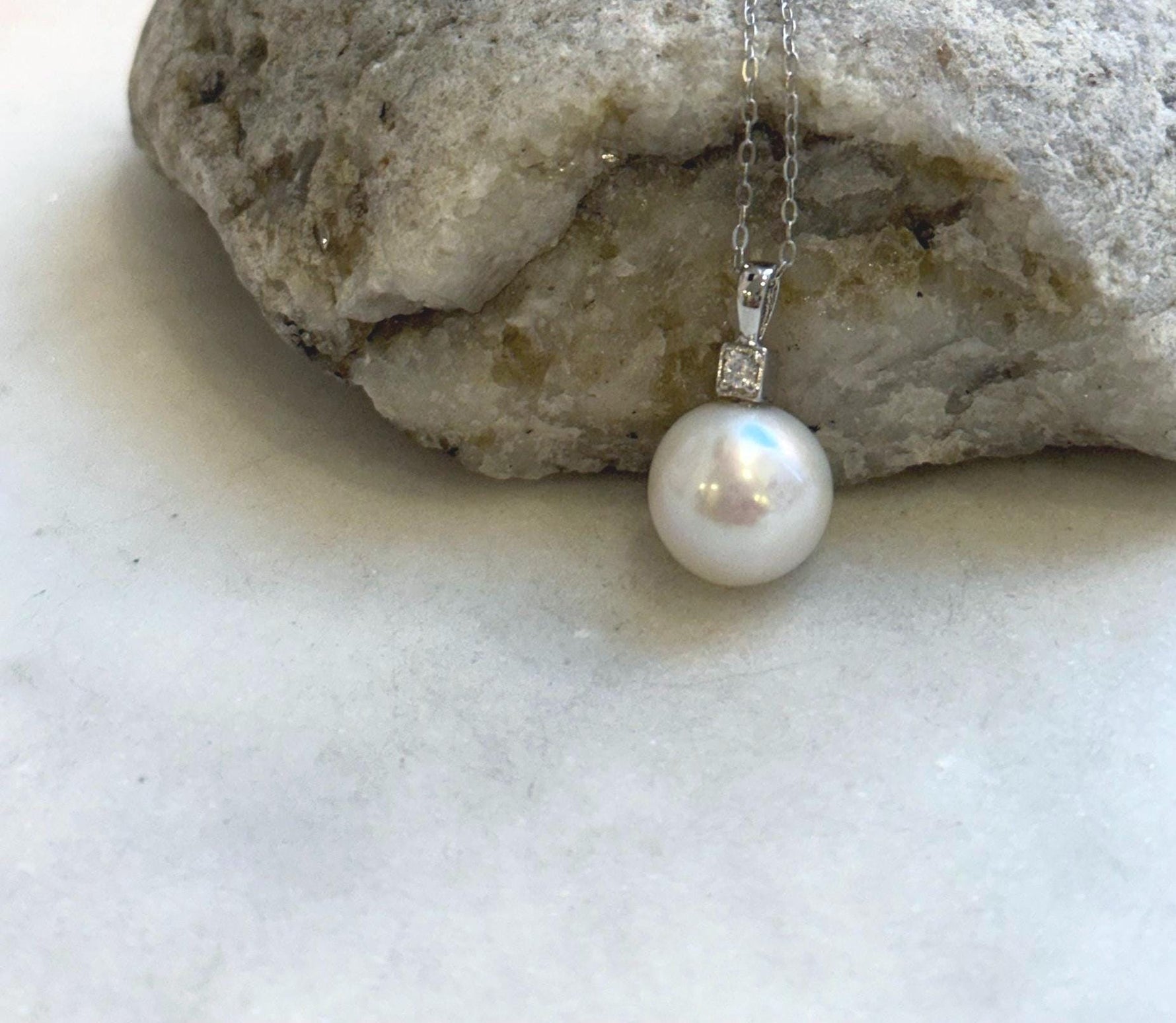 Elly’s 11.3mm White Edison Pearl pendant: Extreme luster mirrored, 2cm, S925 silver minimalist pendant chain set. gift for her party