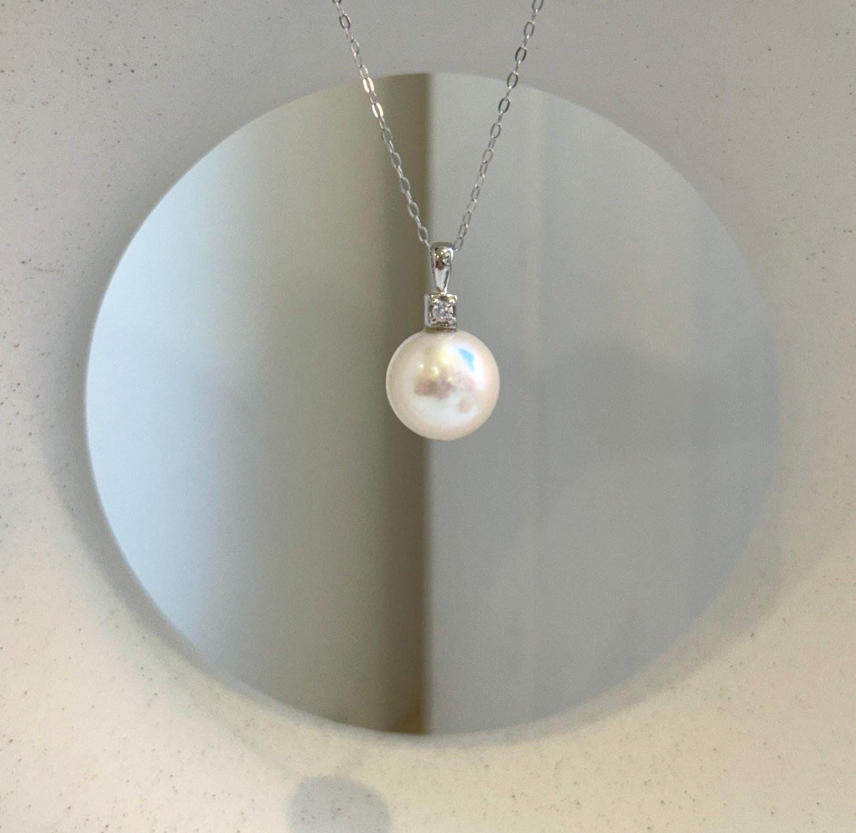 Elly’s 11.3mm White Edison Pearl pendant: Extreme luster mirrored, 2cm, S925 silver minimalist pendant chain set. gift for her