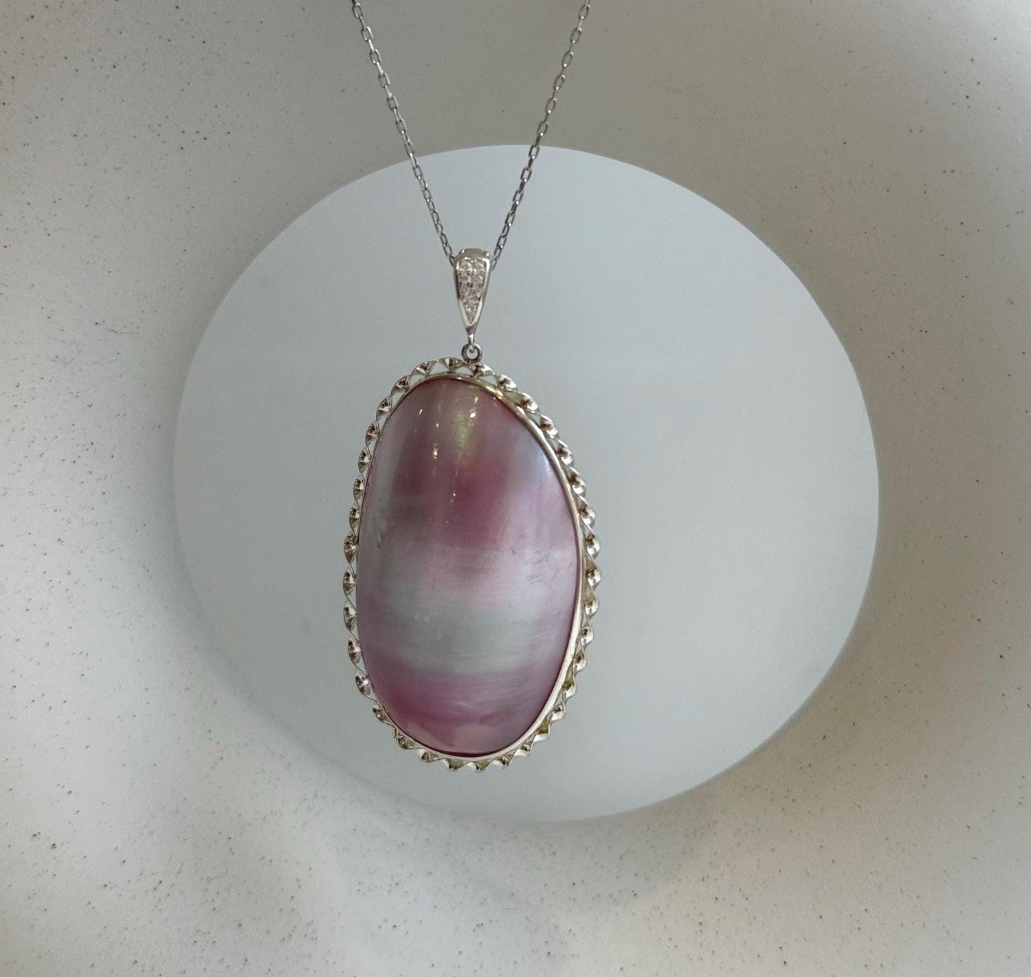 Elly’s To 38mm Pink iridescent Ocean Mabe Huge Pendant: Extreme luster, 24.8x38mm, S925 silver pendant. gift for her birthday