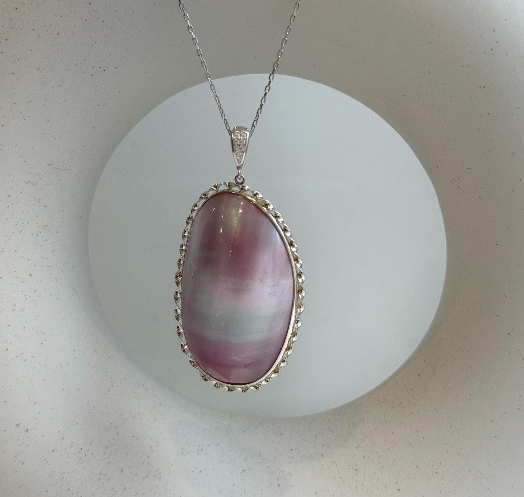 Elly’s To 38mm Pink iridescent Ocean Mabe Huge Pendant: Extreme luster, 24.8x38mm, S925 silver pendant. gift for her birthday