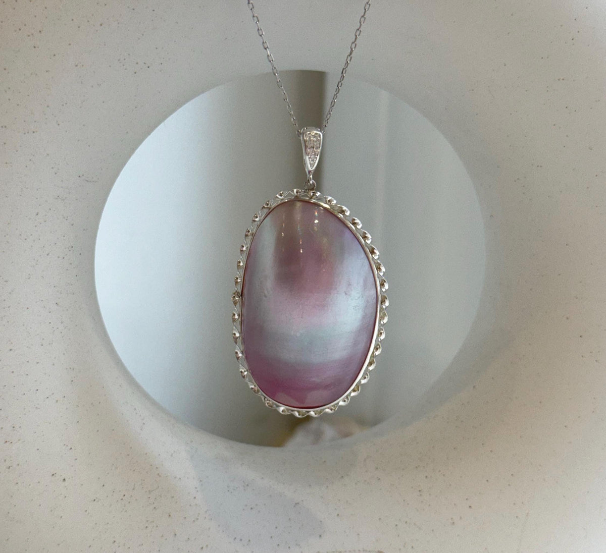 Elly’s To 38mm Pink iridescent Ocean Mabe Huge Pendant: Extreme luster, 24.8x38mm, S925 silver pendant. gift for her Valentine’s Day