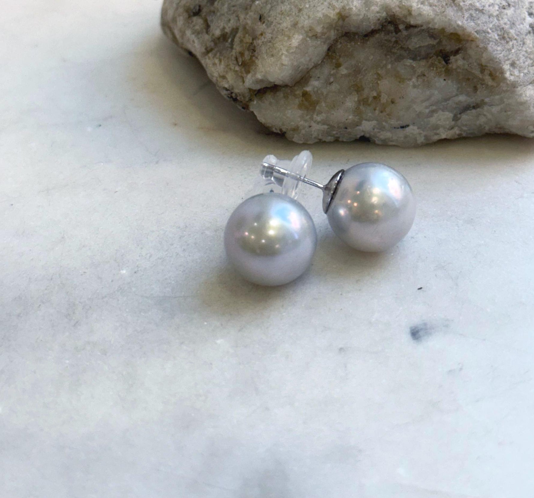 Elly’s 14.8mm Huge Edison blue silver Pearls Earrings Studs: Extreme luster, S925 silver cool minimalist big earrings. Pearl Jewelry Idea