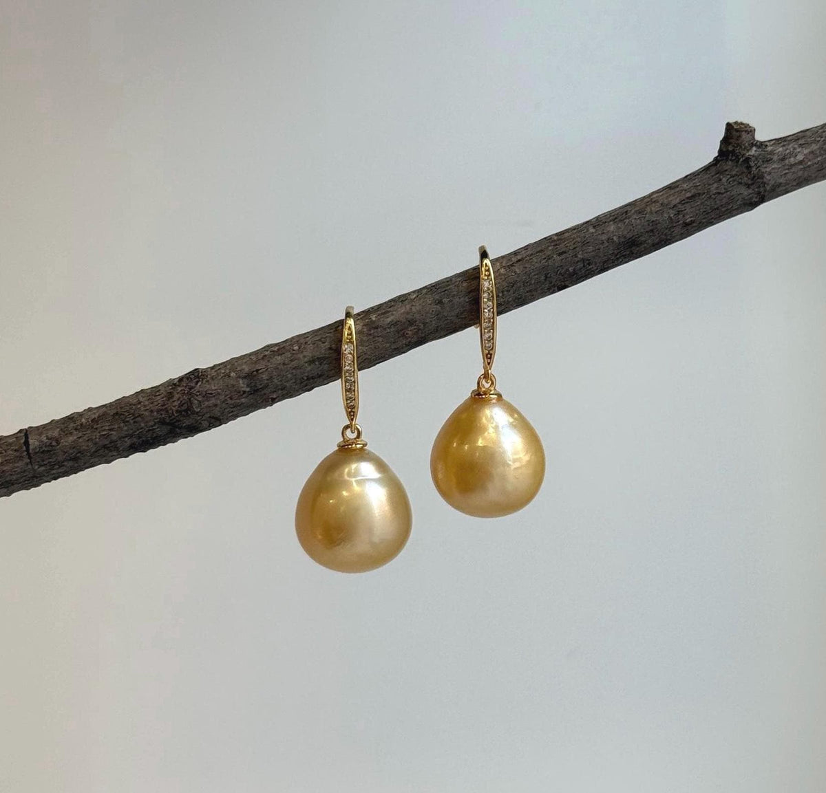 Elly’s 13.5mm South sea light golden ocean Pearls Earrings hooks: Extreme luster mirrored, 3cm high, S925 silver cool earrings hooks. gift for her Valentine’s Day