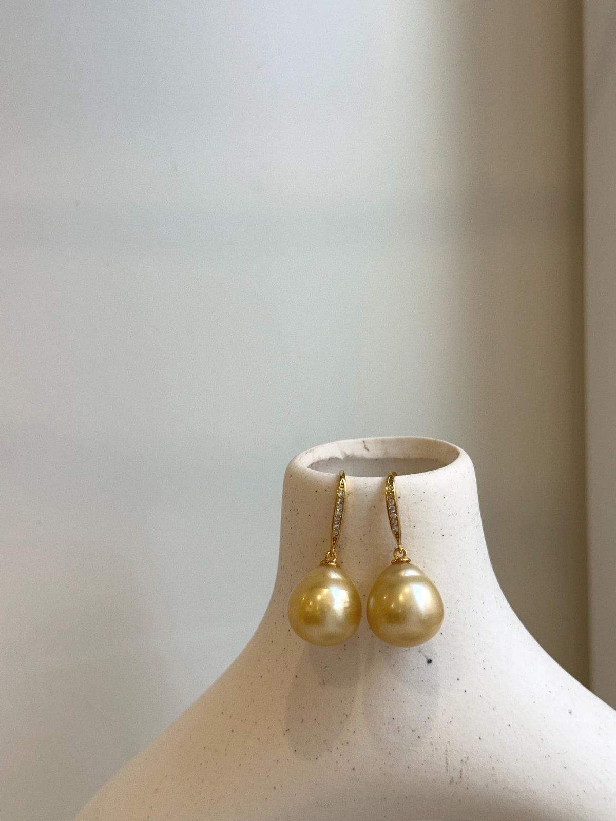 Elly’s 13.5mm South sea light golden ocean Pearls Earrings hooks: Extreme luster mirrored, 3cm high, S925 silver cool earrings hooks. gift for her Valentine’s Day