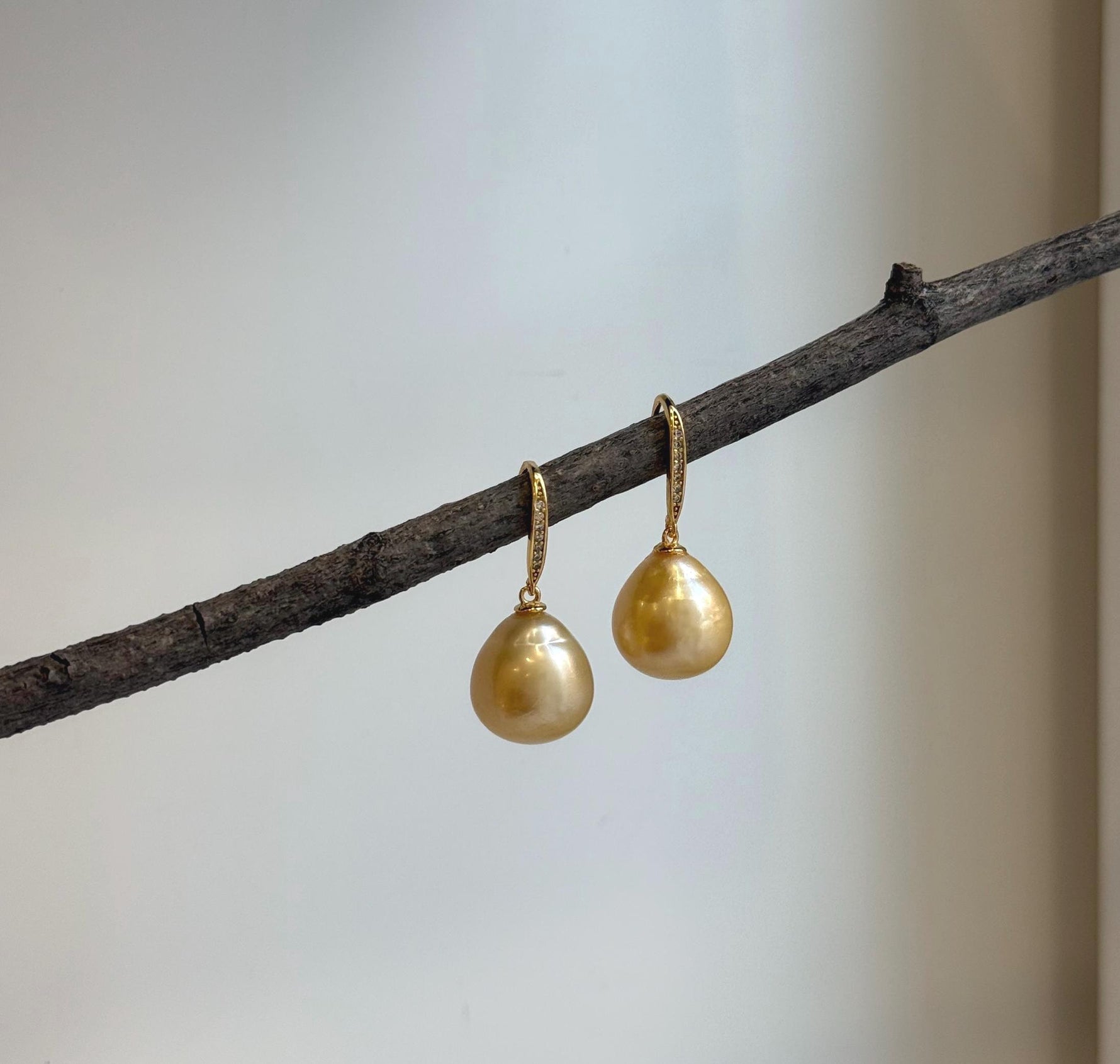 Elly’s 13.5mm South sea light golden ocean Pearls Earrings hooks: Extreme luster mirrored, 3cm high, S925 silver cool earrings hooks. gift for her Valentine’s Day