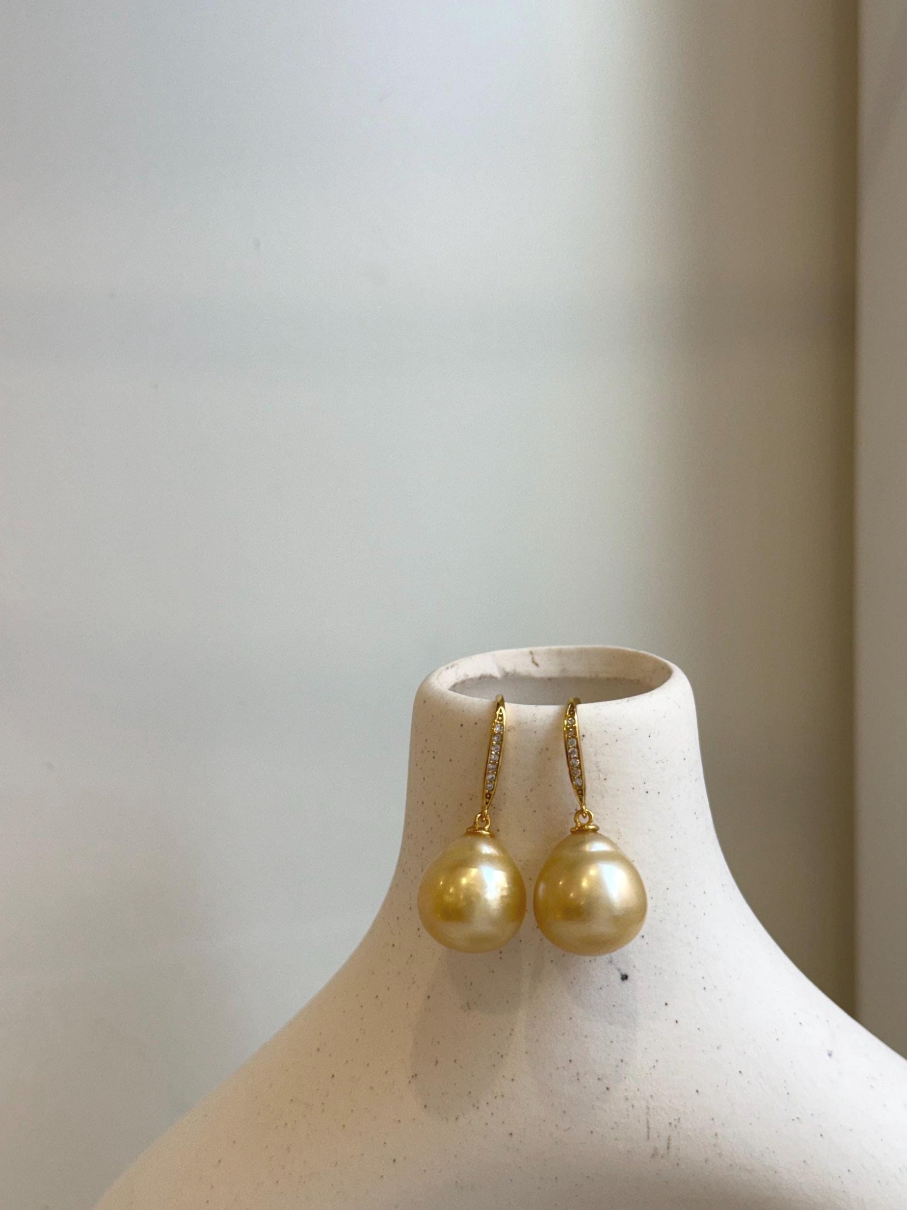 Elly’s 13.5mm South sea light golden ocean Pearls Earrings hooks: Extreme luster mirrored, 3cm high, S925 silver cool earrings hooks. gift for her Valentine’s Day