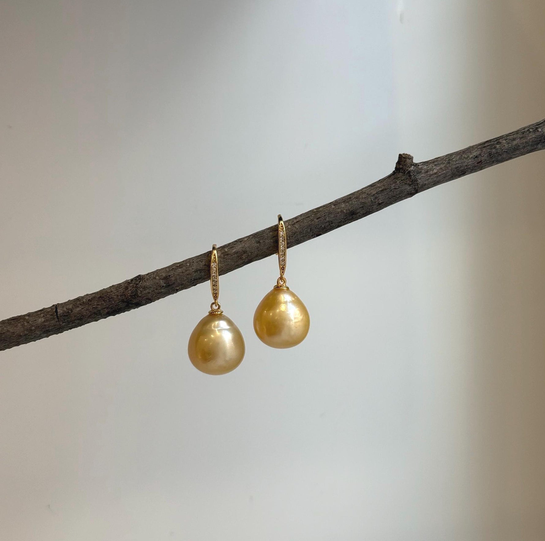 Elly’s 13.5mm South sea light golden ocean Pearls Earrings hooks: Extreme luster mirrored, 3cm high, S925 silver cool earrings hooks. gift for her Valentine’s Day