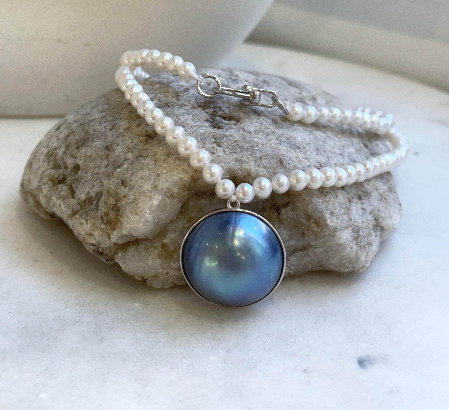 Elly’s 23mm huge blue iridescent Ocean Round Mabe Pearl Pendant white pearls necklace: Extreme luster, S925 Silver base pendant Necklace Set, gift for her birthday