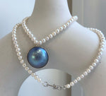 Elly’s 23mm huge blue iridescent Ocean Round Mabe Pearl Pendant white pearls necklace: Extreme luster, S925 Silver base pendant Necklace Set, gift for her holiday