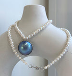 Elly’s 23mm huge blue iridescent Ocean Round Mabe Pearl Pendant white pearls necklace: Extreme luster, S925 Silver base pendant Necklace Set