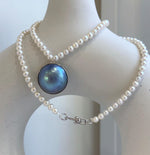 Elly’s 23mm huge blue iridescent Ocean Round Mabe Pearl Pendant white pearls necklace: Extreme luster, S925 Silver base pendant Necklace Set