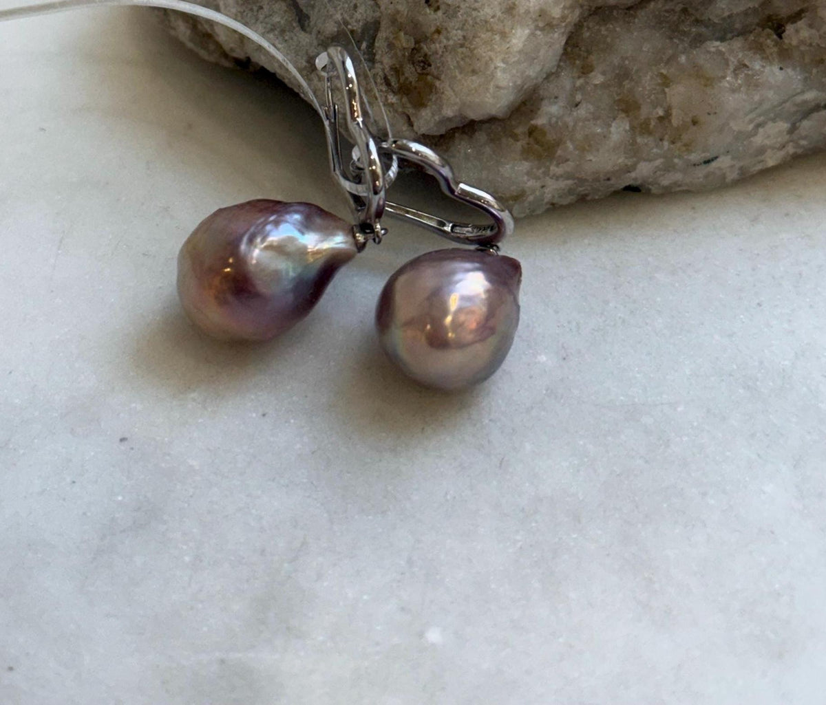 Elly’s Freshwater baroque pearls Heart Earrings: Extreme luster mirrored, Rose Iridescent, to 18mm, S925 silver earrings.Pearl Jewelry Idea.