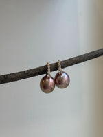 Elly’s 13.1mm big large Edison Pearls Earrings Hoops: Extreme luster Mirrored, rose green pearls, 2.5cm high, S925 silver earrings.