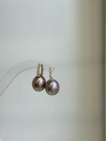 Elly’s 13.1mm big large Edison Pearls Earrings Hoops: Extreme luster Mirrored, rose green pearls, 2.5cm high, S925 silver earrings.
