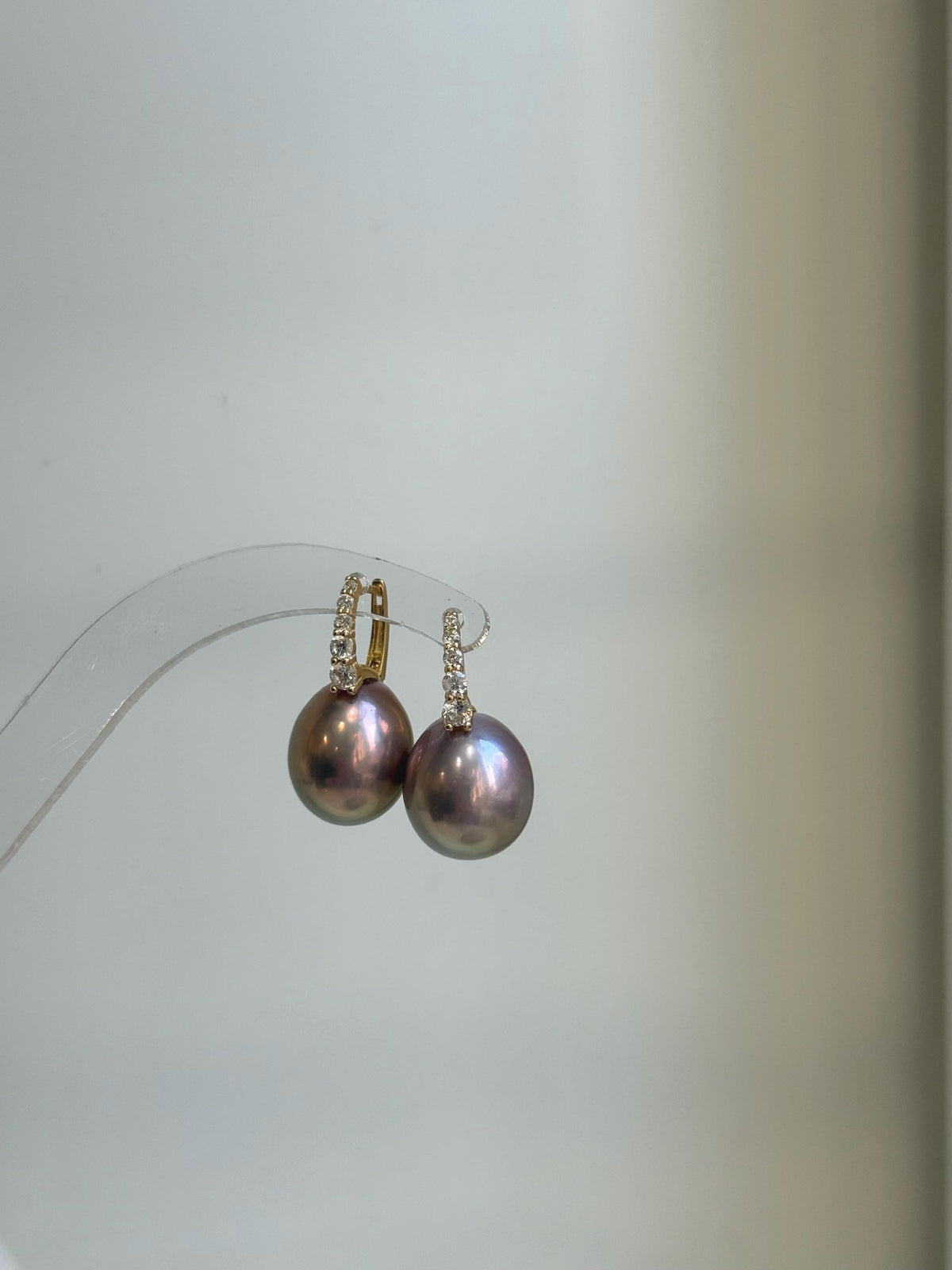 Elly’s 13.1mm big large Edison Pearls Earrings Hoops: Extreme luster Mirrored, rose green pearls, 2.5cm high, S925 silver earrings.