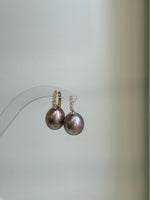 Elly’s 13.1mm big large Edison Pearls Earrings Hoops: Extreme luster Mirrored, rose green pearls, 2.5cm high, S925 silver earrings.