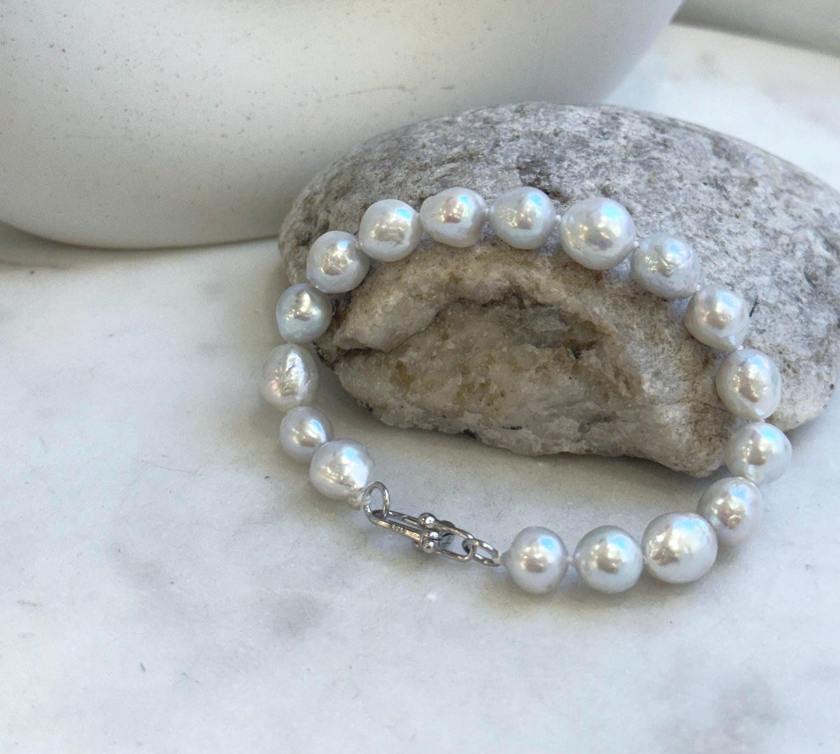 Elly’s 17pcs 8.2-10mm White iridescent crinkle Pearls Bracelet: Extreme luster mirrored, 7.8” knotted, S925 silver Bracelet. gift for her Valentine’s Day