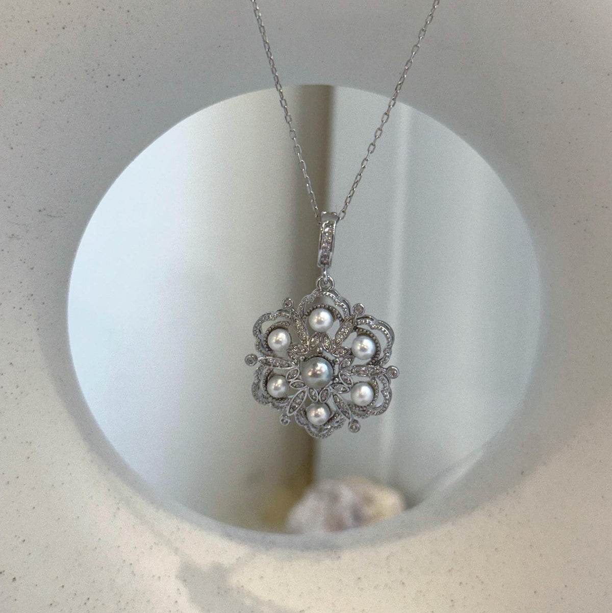 Elly’s 7pcs Akoya ocean Pearls vintage Pendant: Extreme luster mirrored, 11.1mm, 3-4.6mm, Copper brass cool pendant s925 silvernecklace set. gift for her birthday