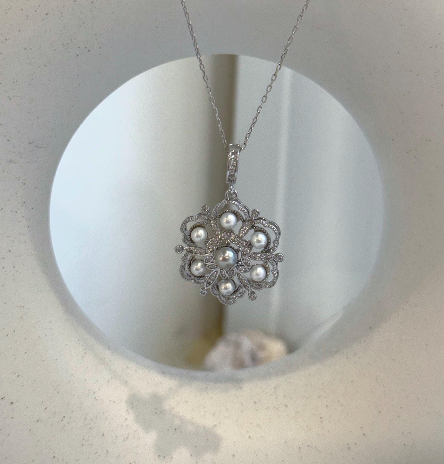 Elly’s 7pcs Akoya ocean Pearls vintage Pendant: Extreme luster mirrored, 11.1mm, 3-4.6mm, Copper brass cool pendant s925 silvernecklace set. gift for her holiday
